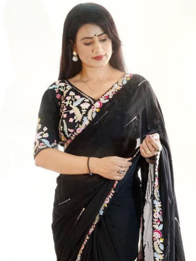 Odette Black Embroidered Silk Blend Saree With Stitched Blouse For Women