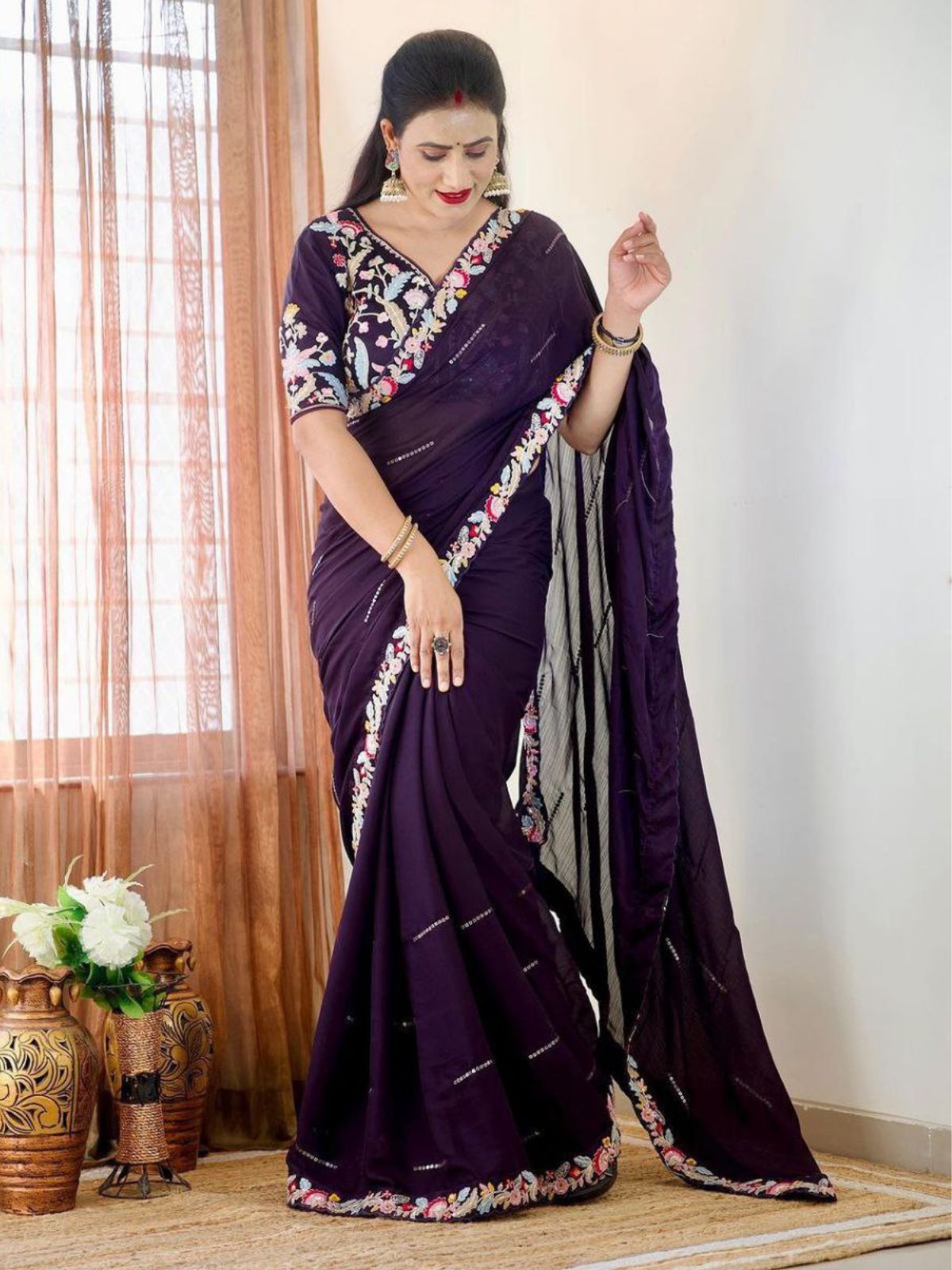 Odette Violet Embroidered Silk Blend Saree With Stitched Blouse For Women