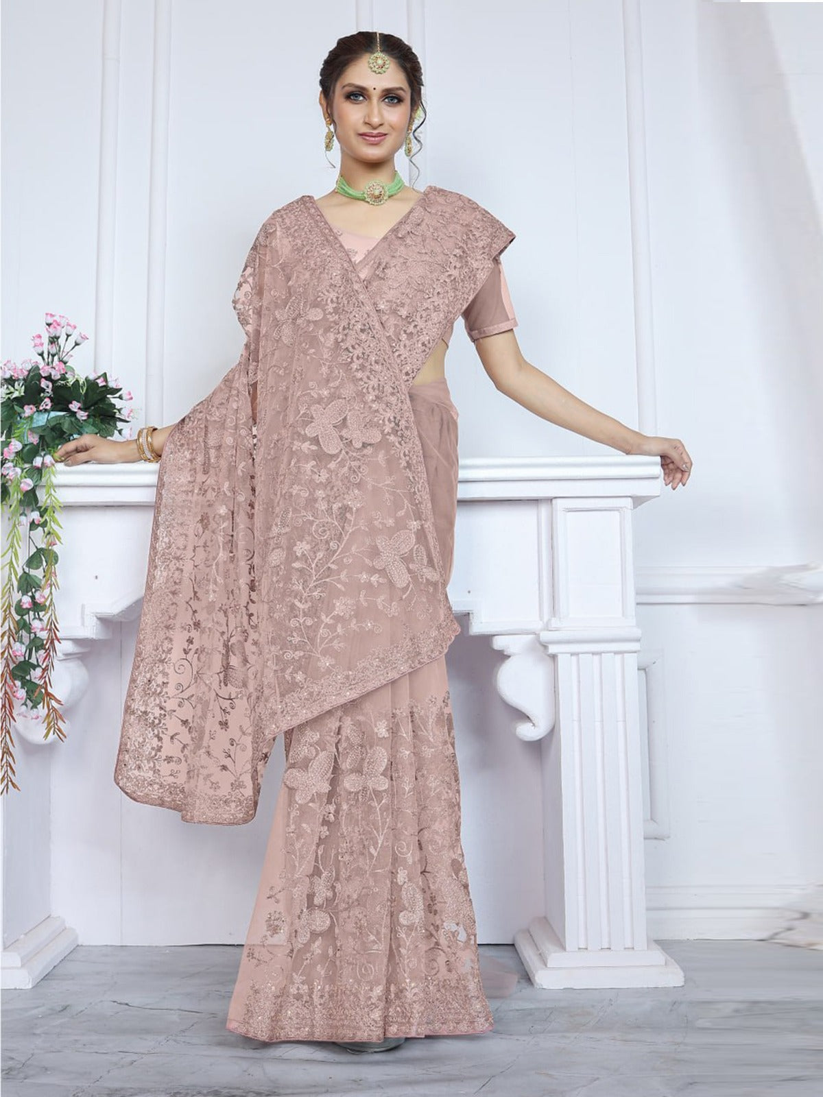 Odette Mauve Embroidered Net Saree With Unstitched Blouse For Women