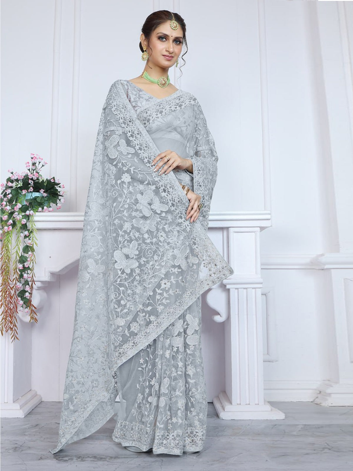 Odette Grey Embroidered Net Saree With unstitched Blouse For Women