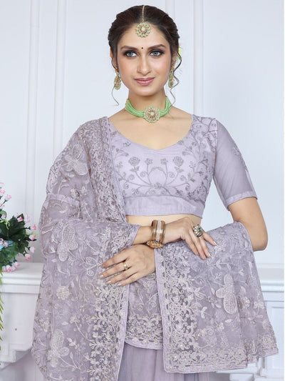 Odette Lavender Embroidered Net Saree With unstitched Blouse For Women