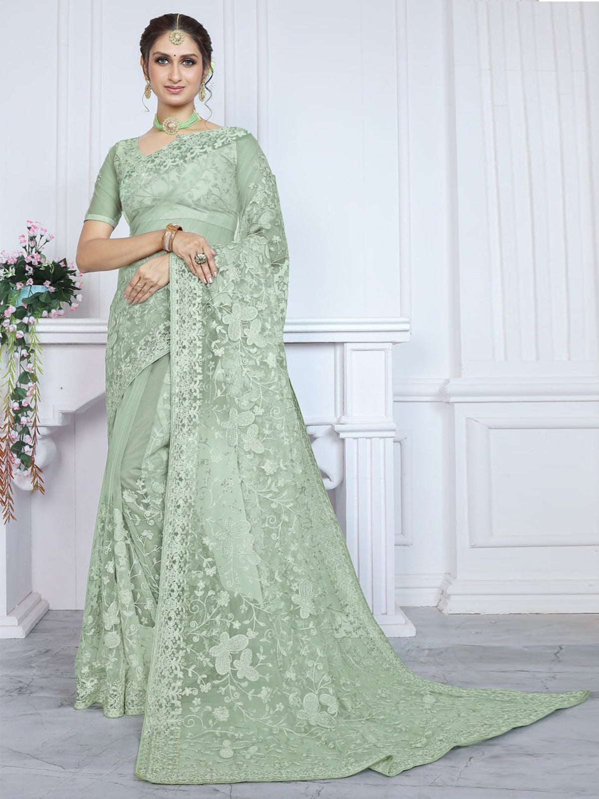 Odette Sea Green Embroidered Net Saree With unstitched Blouse For Women