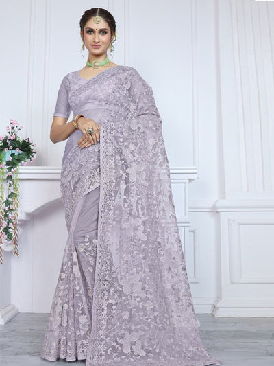 Odette Lavender Embroidered Net Saree With unstitched Blouse For Women