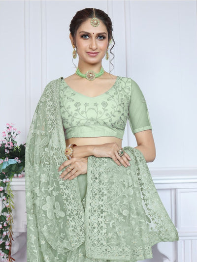 Odette Sea Green Embroidered Net Saree With unstitched Blouse For Women