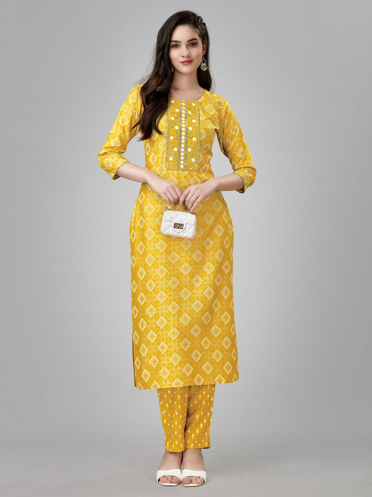 Odette Yellow Embroidered Rayon Stitched Kurta Set For Women