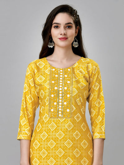 Odette Yellow Embroidered Rayon Stitched Kurta Set For Women