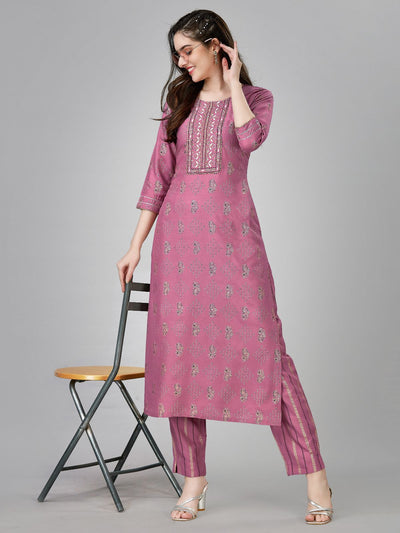 Odette Purple Embroidered Rayon Stitched Kurta Set For Women