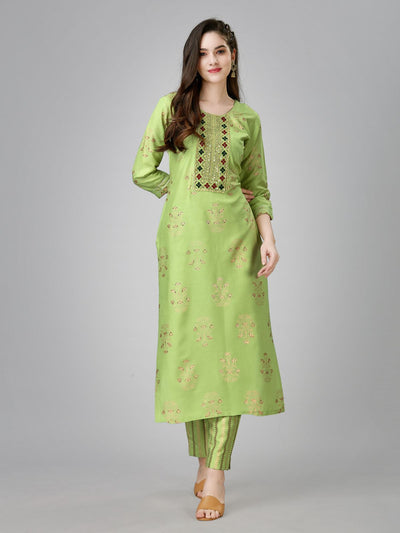 Odette Light Green Embroidered Rayon Stitched Kurta Set For Women