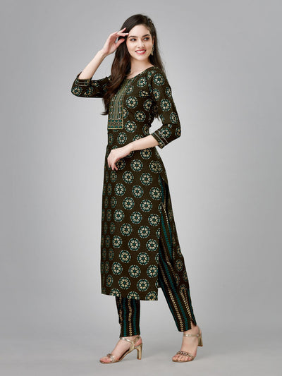 Odette Brown Embroidered Rayon Stitched Kurta Set For Women