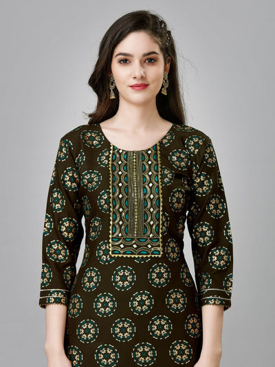 Odette Brown Embroidered Rayon Stitched Kurta Set For Women