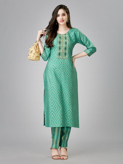 Odette Green Embroidered Rayon Stitched Kurta Set For Women