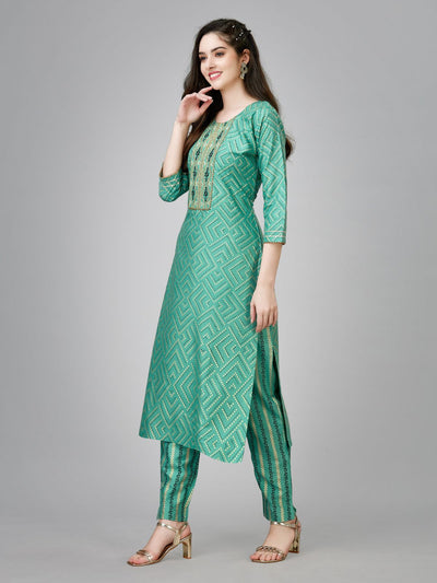 Odette Green Embroidered Rayon Stitched Kurta Set For Women