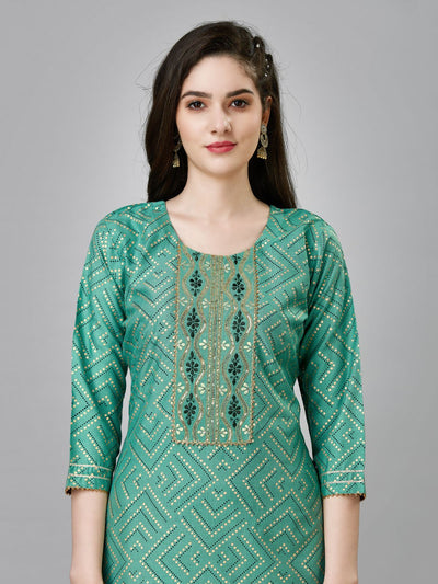 Odette Green Embroidered Rayon Stitched Kurta Set For Women