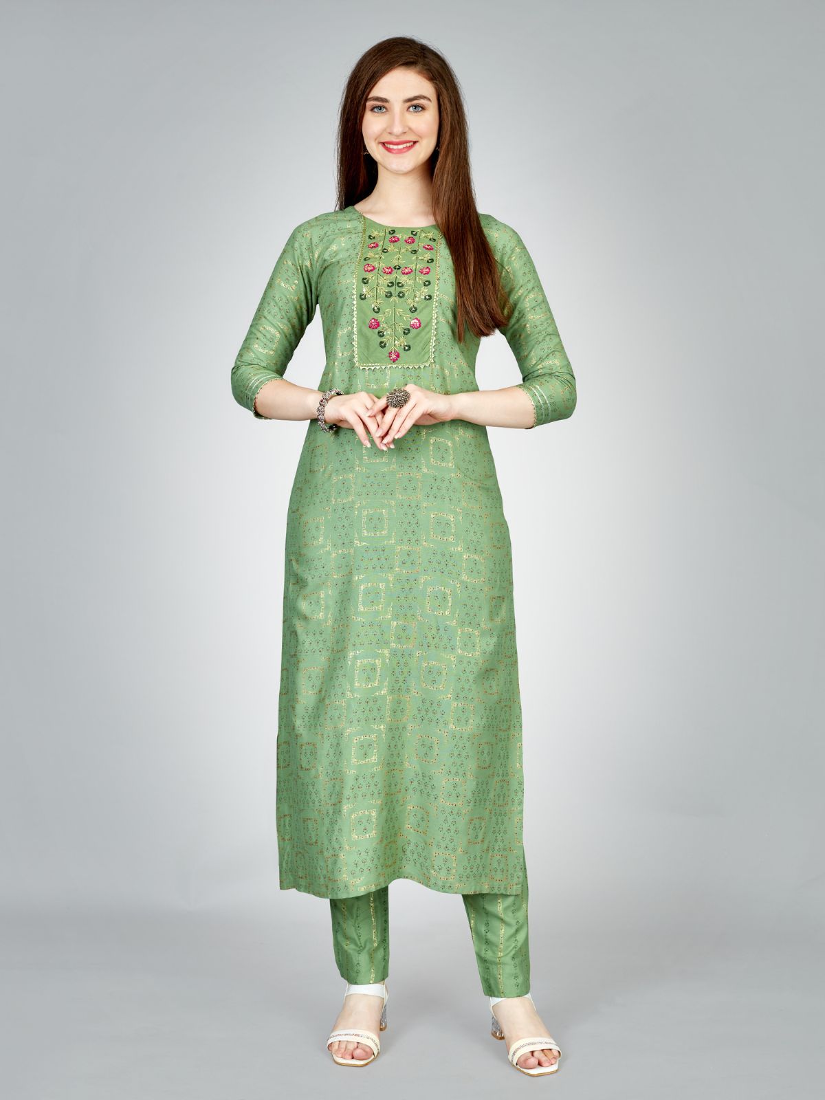 Odette Light Green Embroidered Rayon Stitched Kurta Set For Women