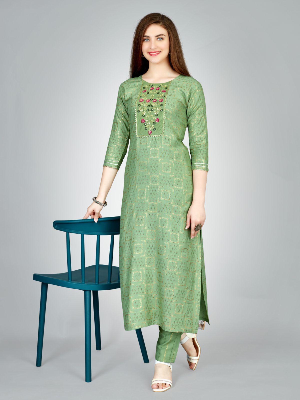 Odette Light Green Embroidered Rayon Stitched Kurta Set For Women