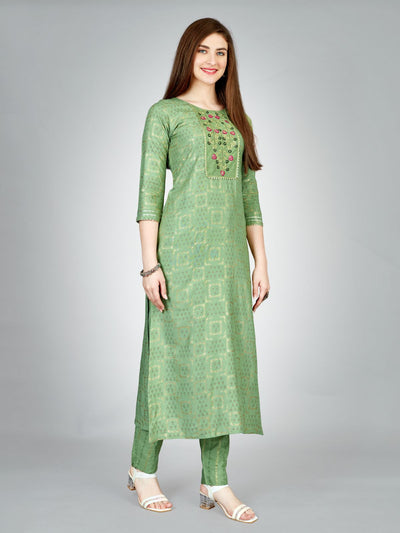 Odette Light Green Embroidered Rayon Stitched Kurta Set For Women