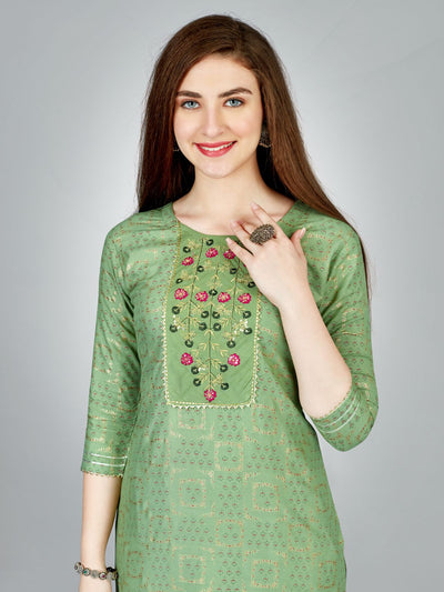 Odette Light Green Embroidered Rayon Stitched Kurta Set For Women