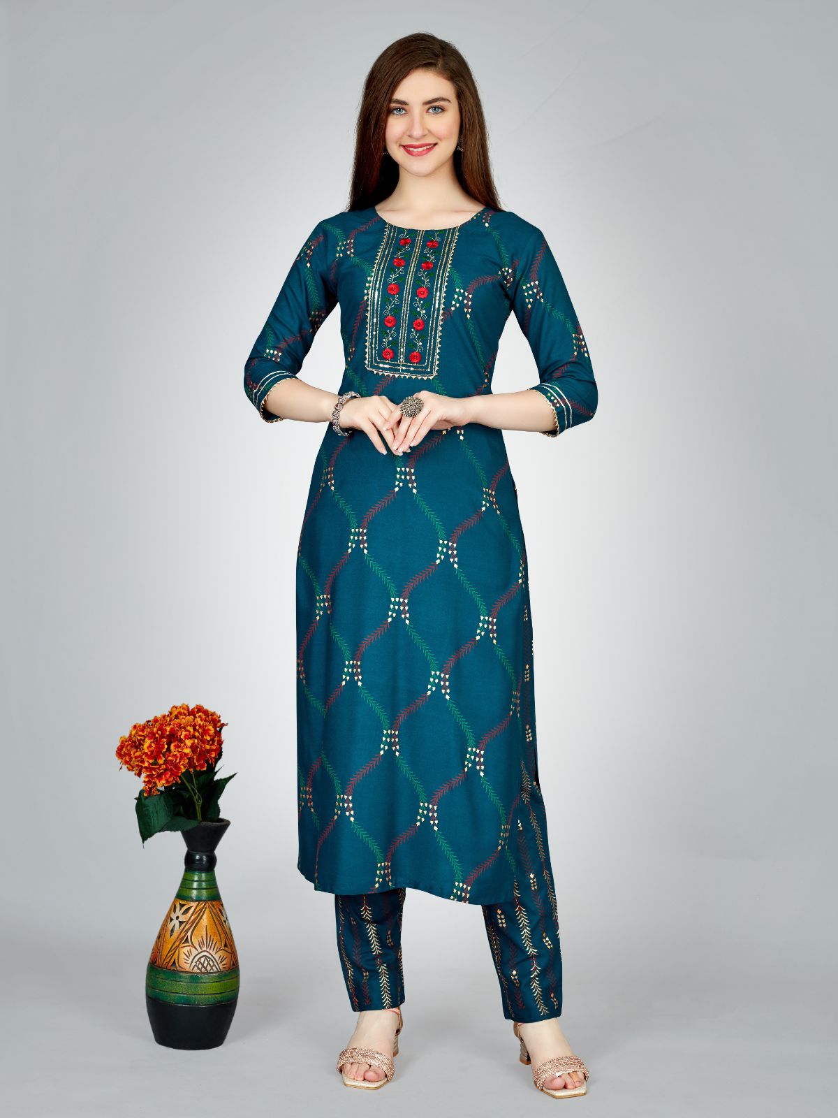 Odette Dark Blue Embroidered Rayon Stitched Kurta Set For Women