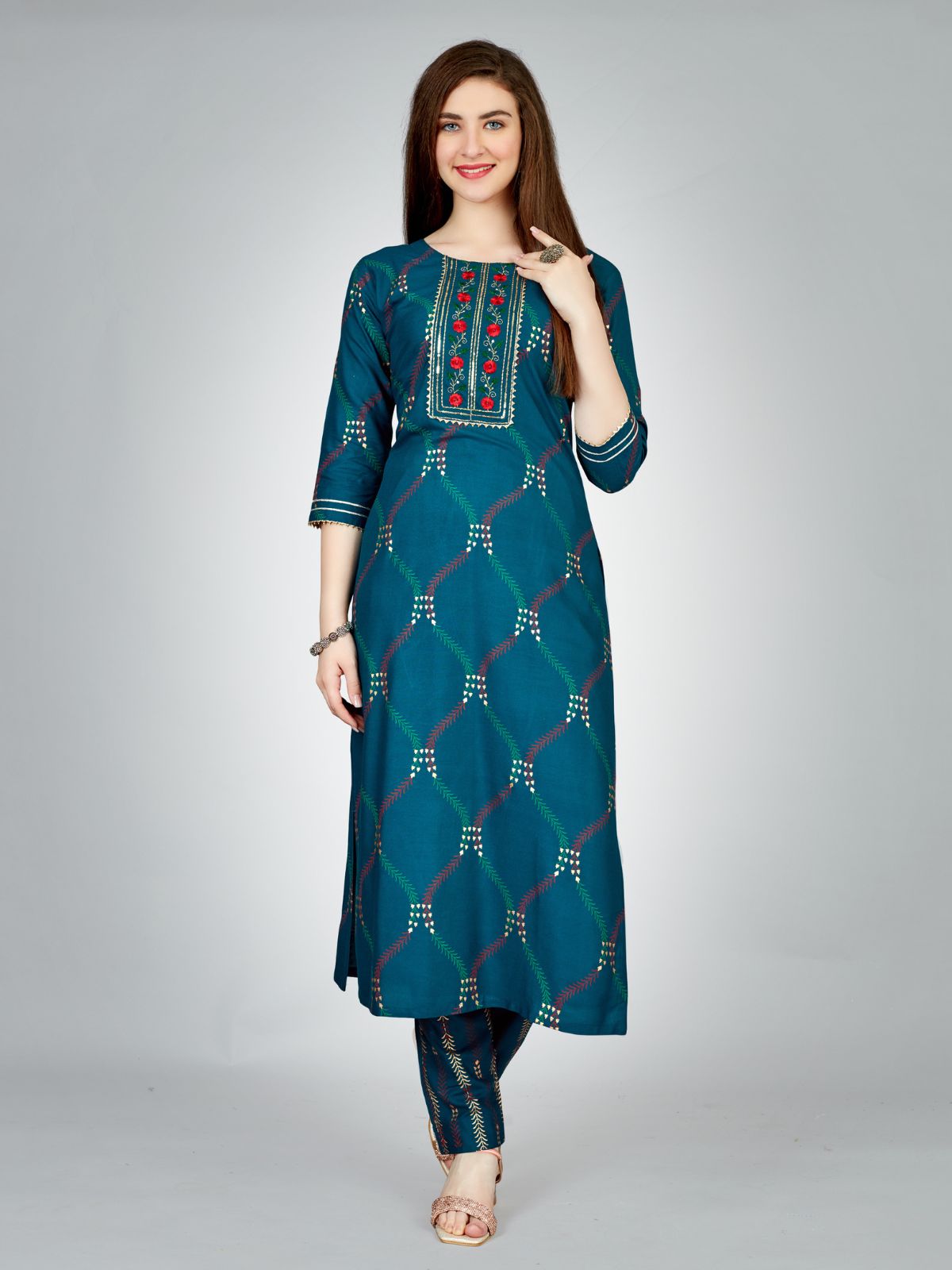 Odette Dark Blue Embroidered Rayon Stitched Kurta Set For Women