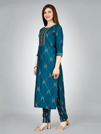 Odette Dark Blue Embroidered Rayon Stitched Kurta Set For Women