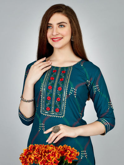 Odette Dark Blue Embroidered Rayon Stitched Kurta Set For Women