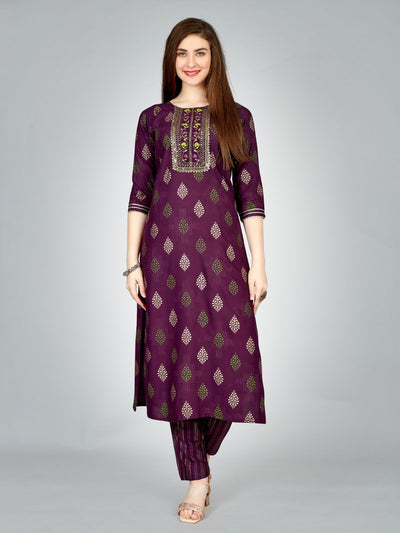 Odette Purple Embroidered Rayon Stitched Kurta Set For Women