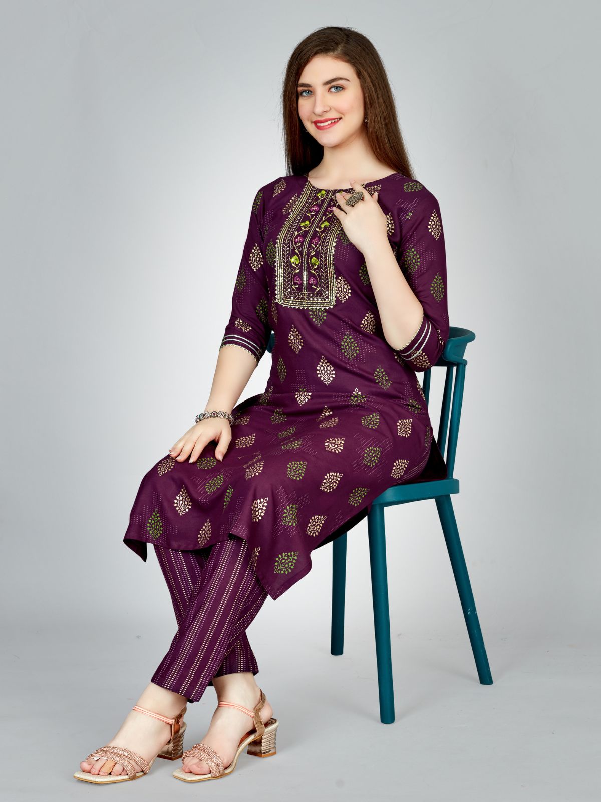 Odette Purple Embroidered Rayon Stitched Kurta Set For Women