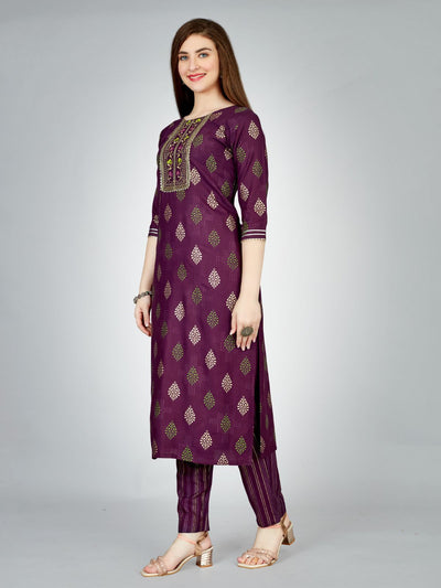 Odette Purple Embroidered Rayon Stitched Kurta Set For Women