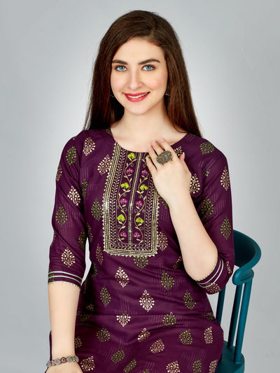 Odette Purple Embroidered Rayon Stitched Kurta Set For Women