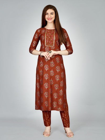 Odette Rust Embroidered Rayon Stitched Kurta Set For Women