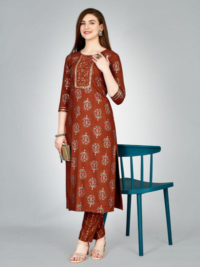 Odette Rust Embroidered Rayon Stitched Kurta Set For Women