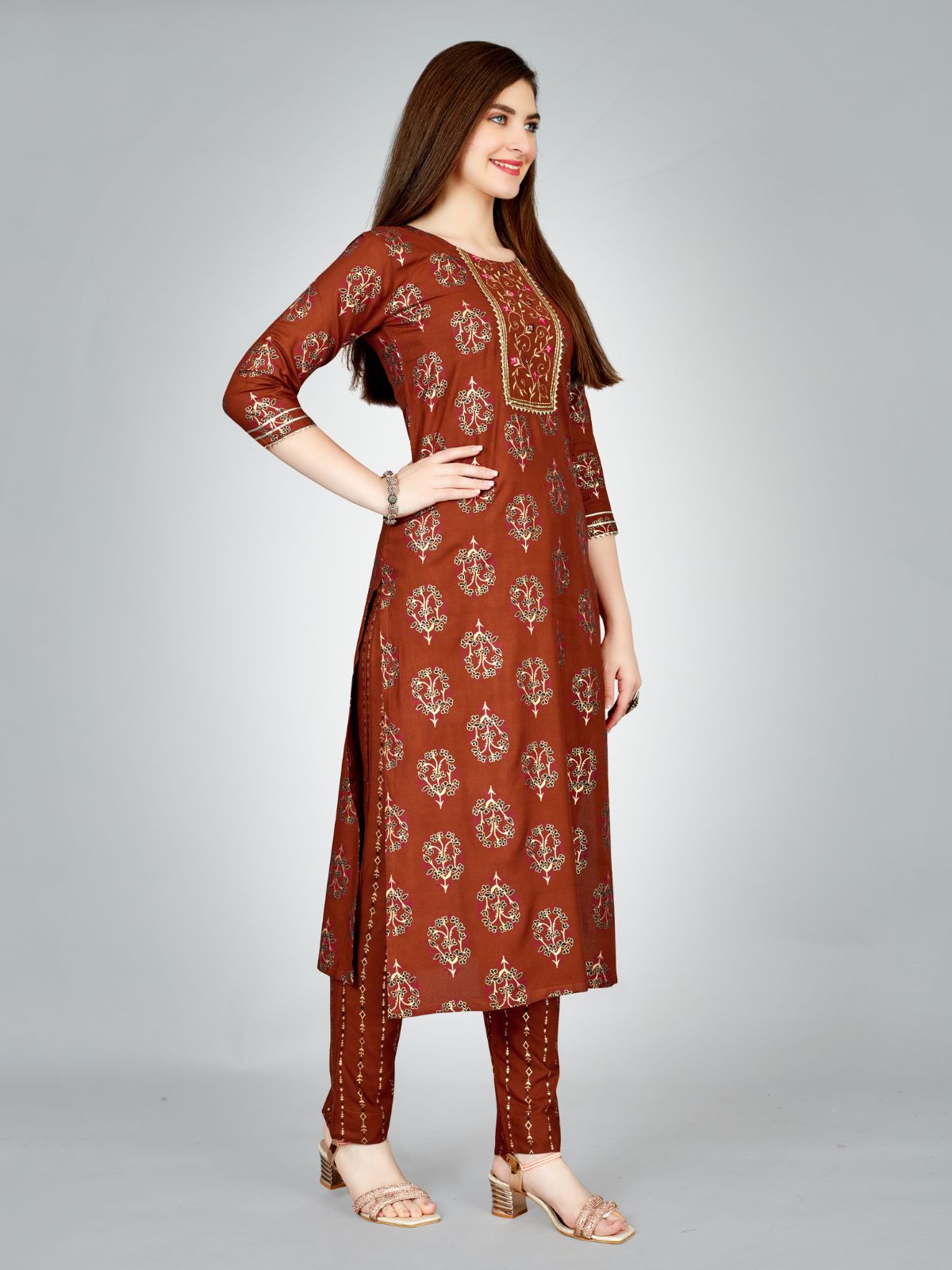 Odette Rust Embroidered Rayon Stitched Kurta Set For Women