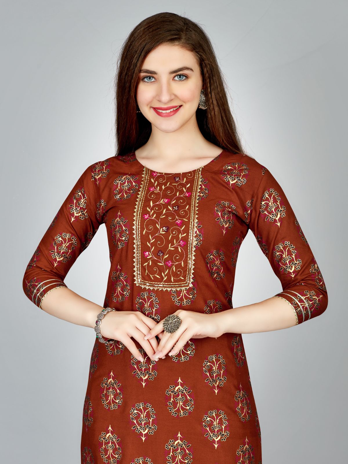 Odette Rust Embroidered Rayon Stitched Kurta Set For Women