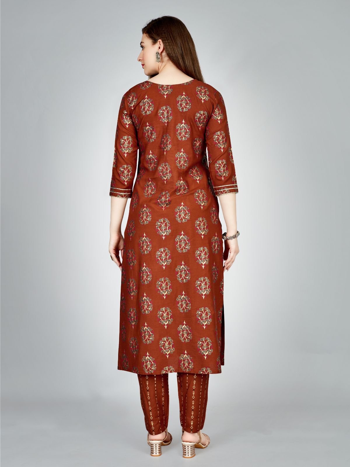 Odette Rust Embroidered Rayon Stitched Kurta Set For Women