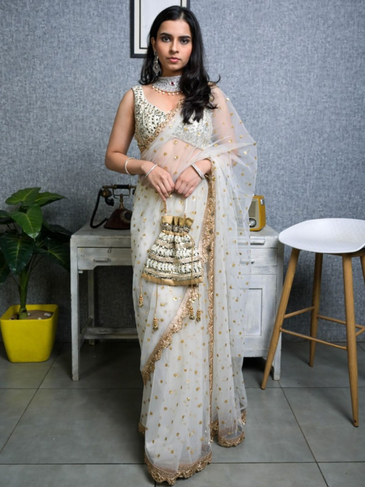 Odette White Embroidered Net Saree With unstitched Blouse For Women