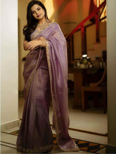 Odette Purple Embroidered Tissue Silk Saree With unstitched Blouse For Women