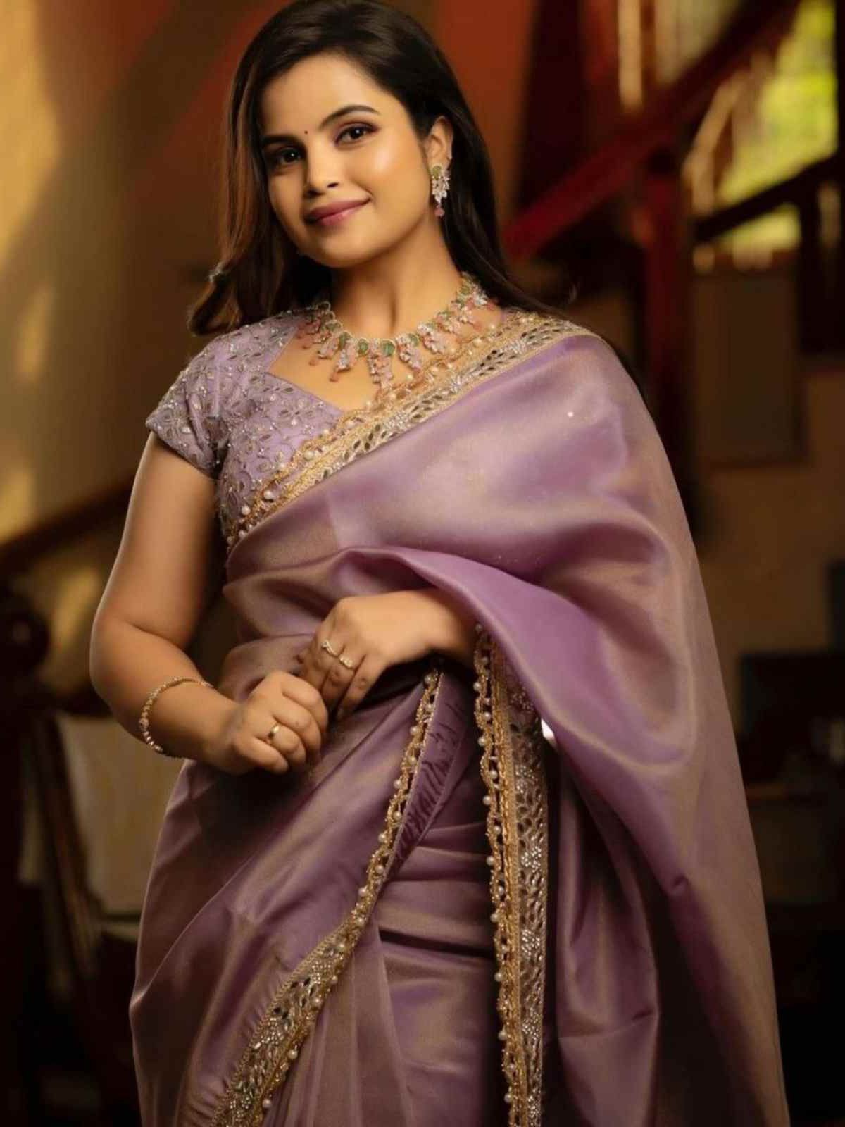 Odette Purple Embroidered Tissue Silk Saree With unstitched Blouse For Women