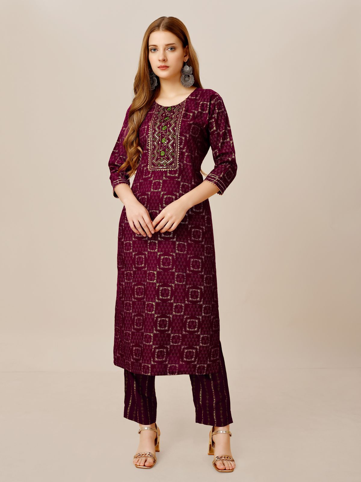 Odette Purple Embroidered Rayon Stitched Kurta Set For Women