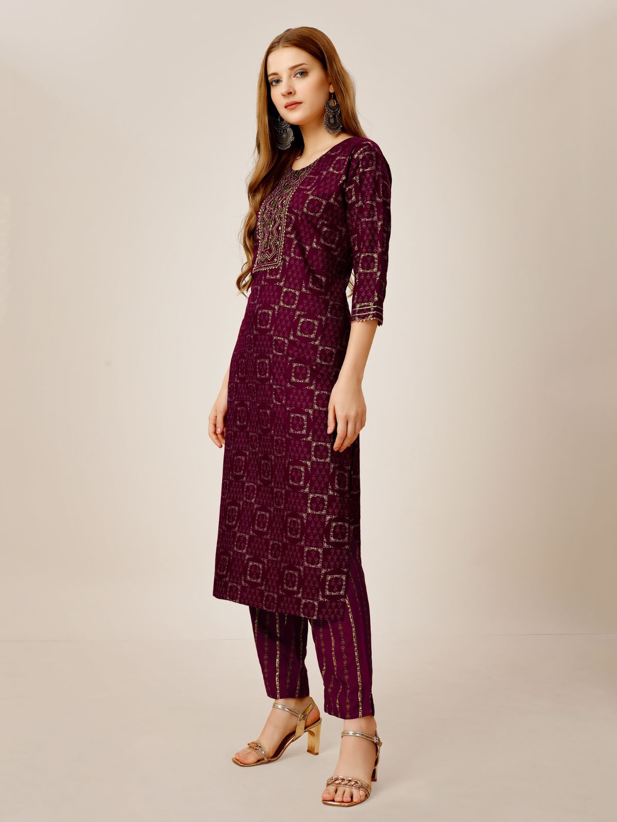 Odette Purple Embroidered Rayon Stitched Kurta Set For Women