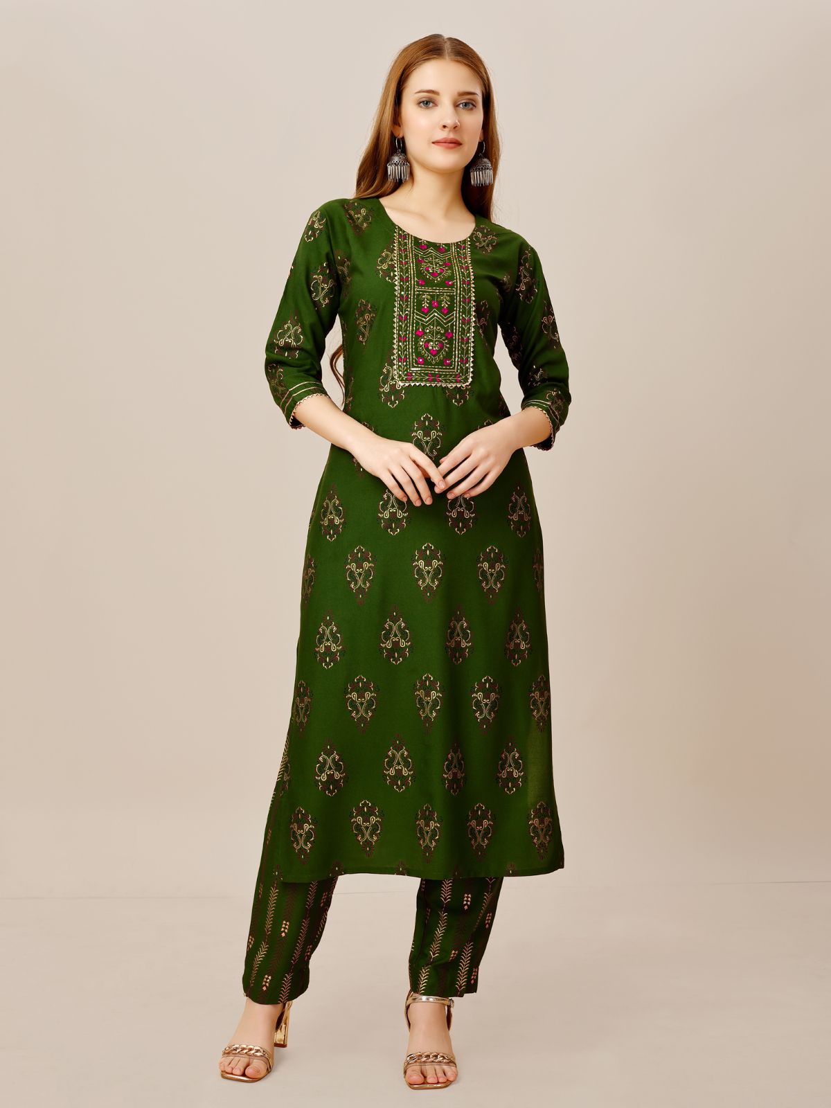 Odette Green Embroidered Rayon Stitched Kurta Set For Women