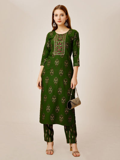 Odette Green Embroidered Rayon Stitched Kurta Set For Women