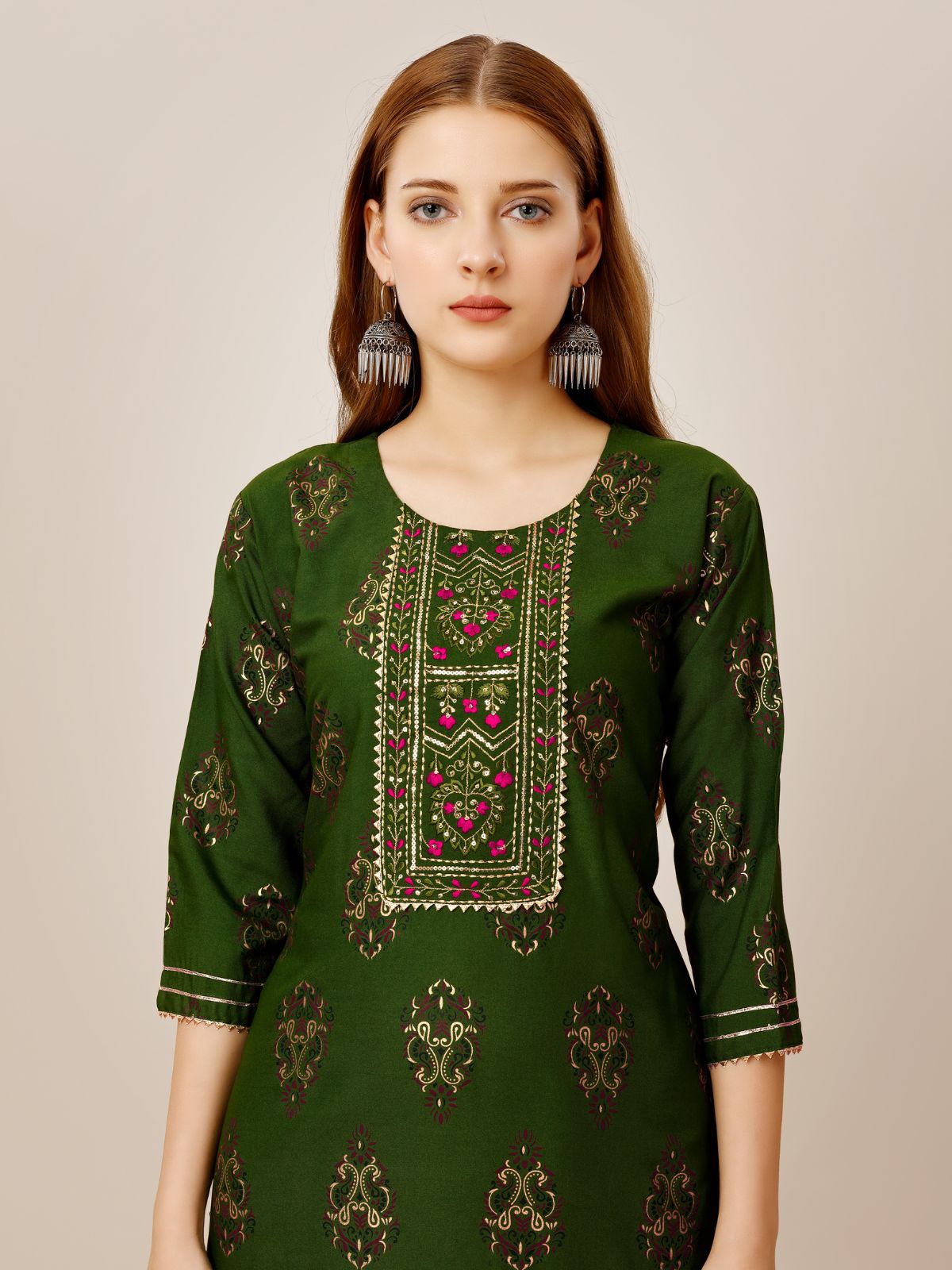 Odette Green Embroidered Rayon Stitched Kurta Set For Women