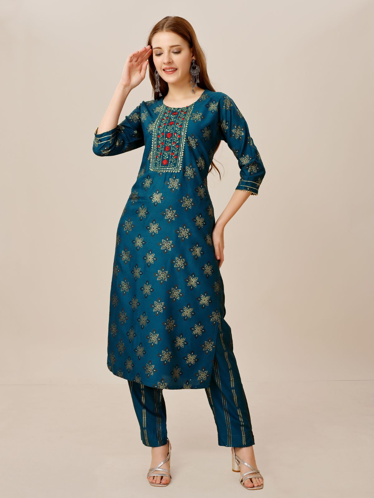 Odette Blue Embroidered Rayon Stitched Kurta Set For Women