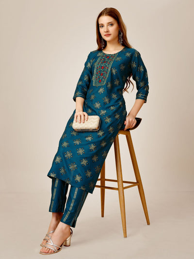 Odette Blue Embroidered Rayon Stitched Kurta Set For Women