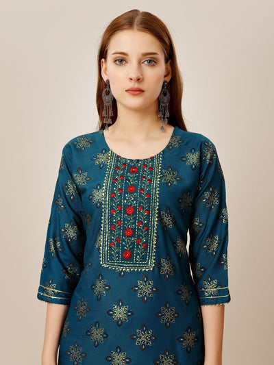 Odette Blue Embroidered Rayon Stitched Kurta Set For Women