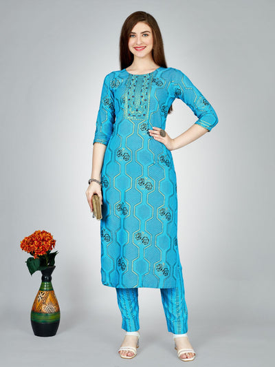 Odette Blue Embroidered Rayon Stitched Kurta Set For Women