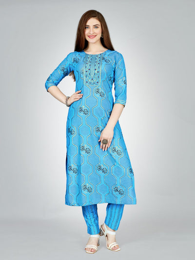 Odette Blue Embroidered Rayon Stitched Kurta Set For Women