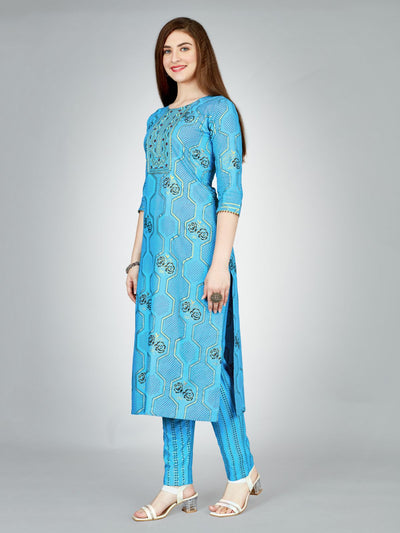 Odette Blue Embroidered Rayon Stitched Kurta Set For Women