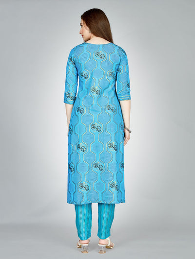 Odette Blue Embroidered Rayon Stitched Kurta Set For Women