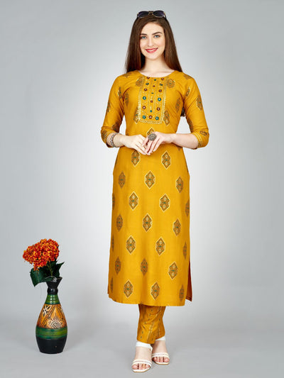 Odette Yellow Embroidered Rayon Stitched Kurta Set For Women